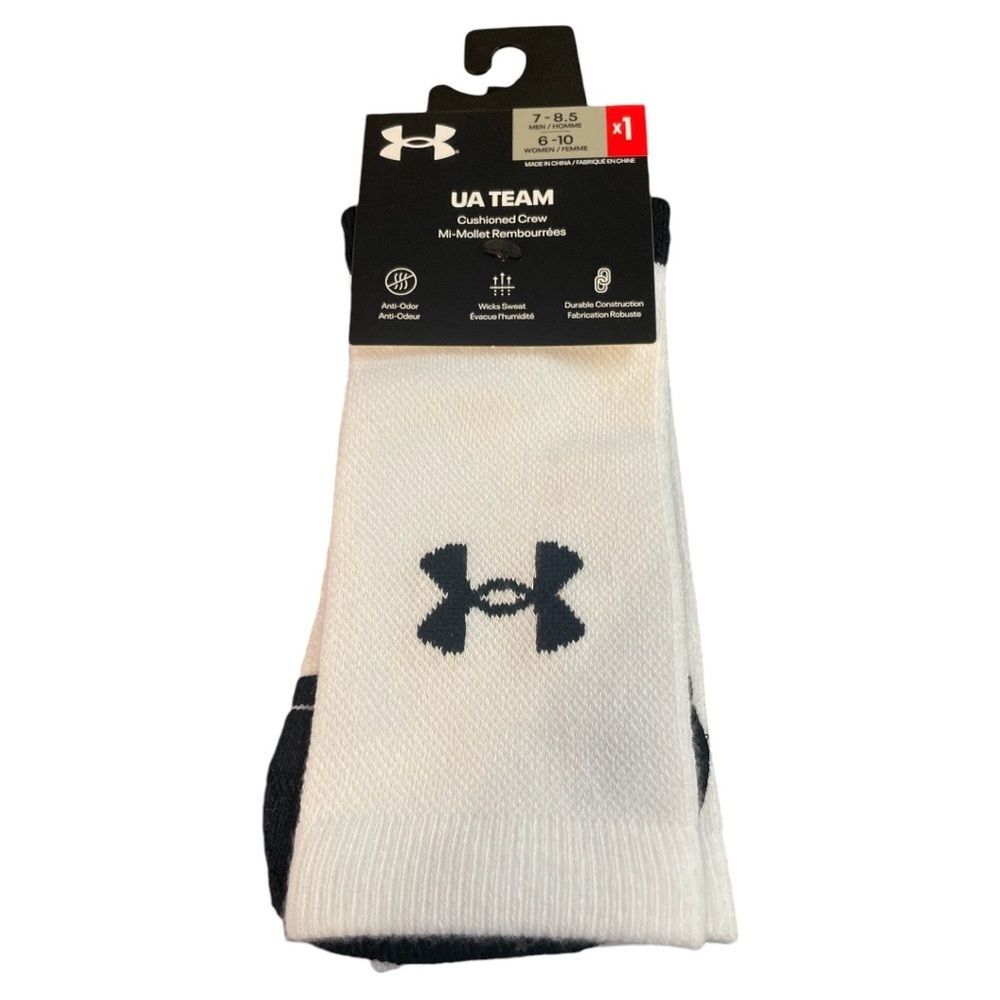 Under Armour Adult Team Crew Socks, 1-Pair, White/Black/Black, Medium new